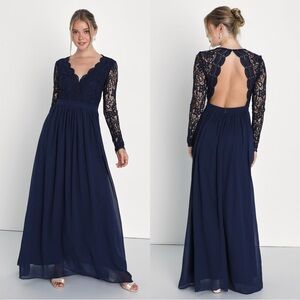Sz M - NWOT Lulus‎ Dress Awaken My Love Navy Blue Long Sleeve Lace Maxi Dress